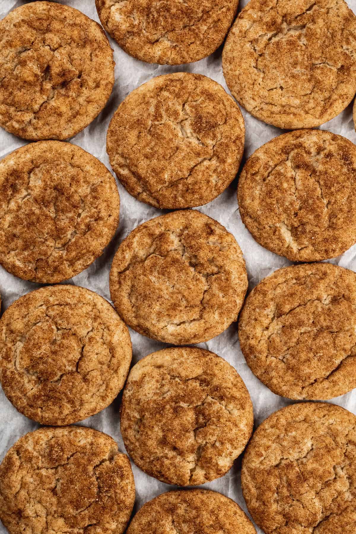 Looking down at rows of vegan snickerdoodle cookies on white parchment paper.